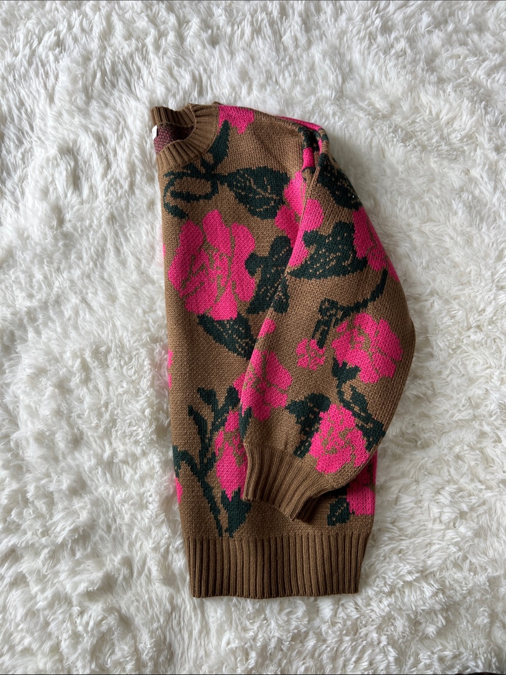 Women's Brown Crewneck Sweater with Pink Floral Pattern - Picture 3 of 4